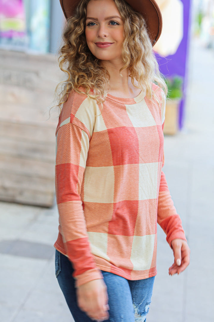 Rust Checker Plaid French Terry Top | Nikki &amp; Co. Boutique