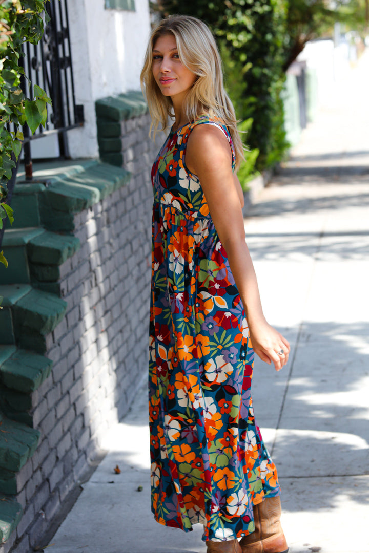 Teal &amp; Maroon Flat Floral  Fit and Flare Sleeveless Maxi Dress | Nikki &amp; Co. Boutique