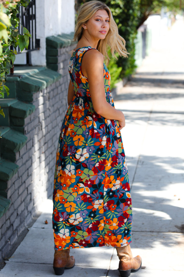 Teal &amp; Maroon Flat Floral  Fit and Flare Sleeveless Maxi Dress | Nikki &amp; Co. Boutique