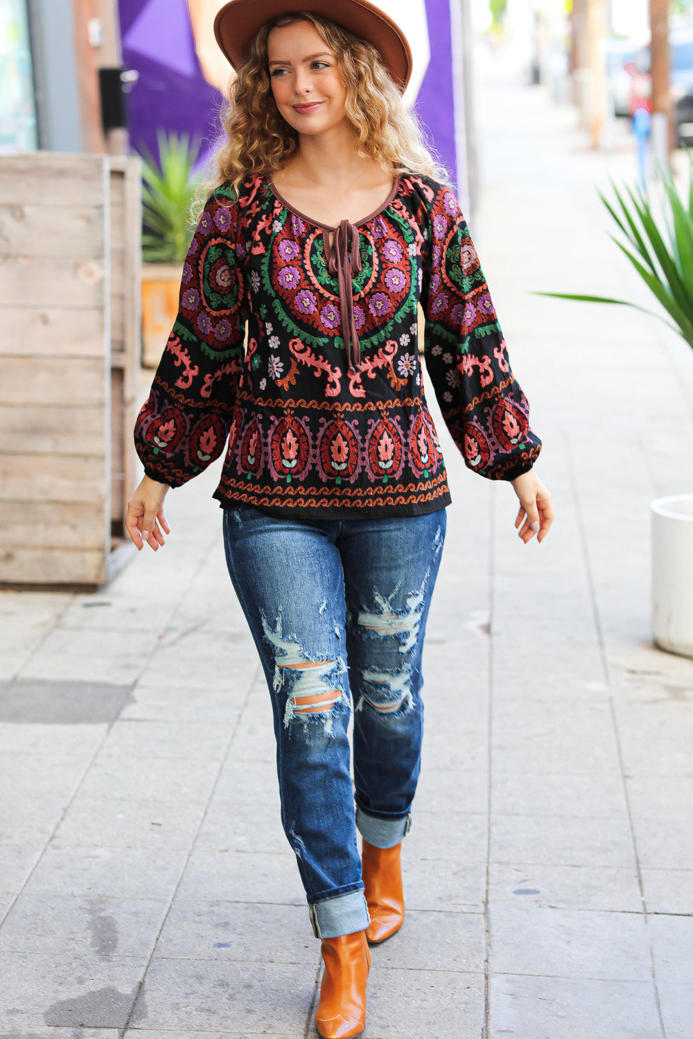 Take The Leap Black &amp; Mauve Border Print Boho Tie Tops | Nikki &amp; Co. Boutique