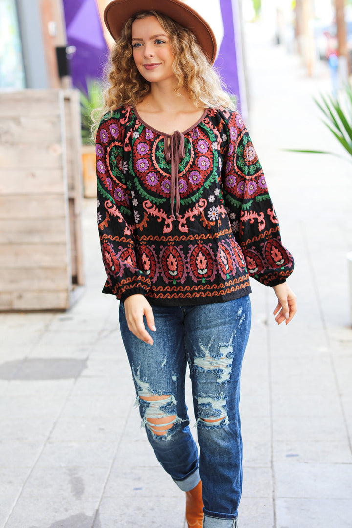 Take The Leap Black &amp; Mauve Border Print Boho Tie Tops | Nikki &amp; Co. Boutique