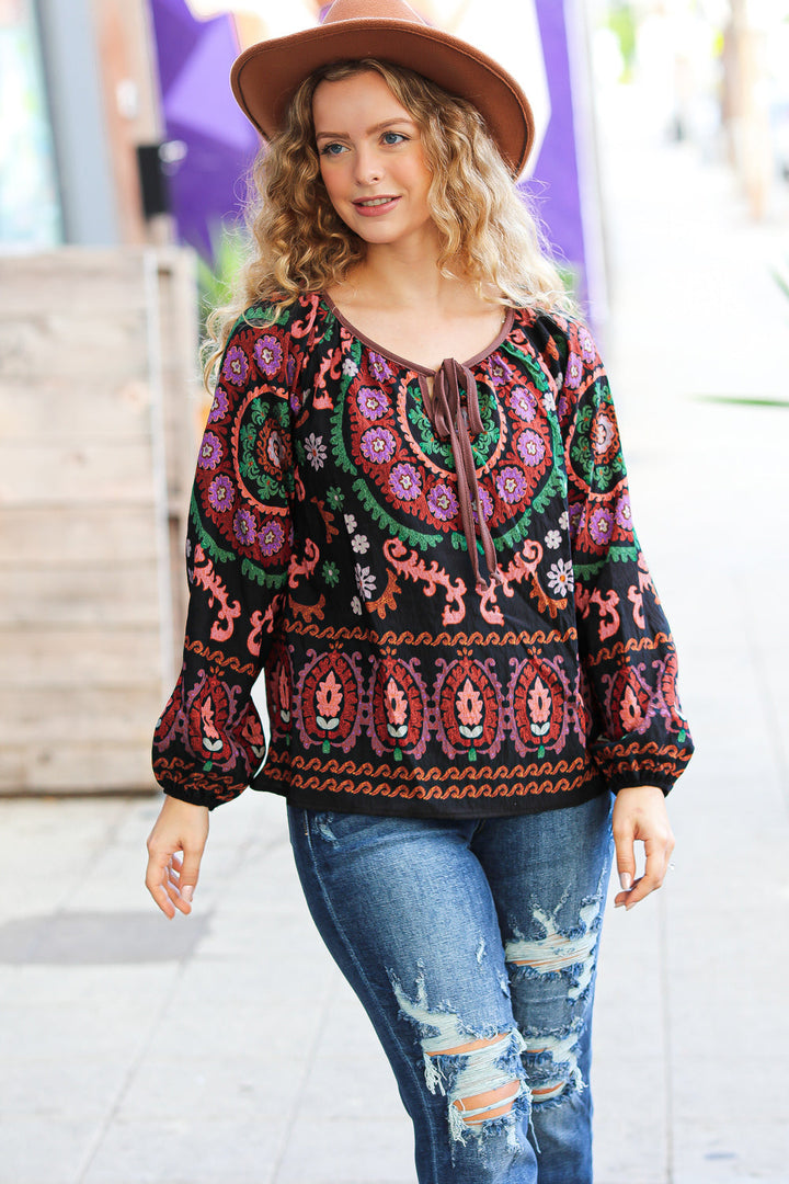 Take The Leap Black &amp; Mauve Border Print Boho Tie Tops | Nikki &amp; Co. Boutique