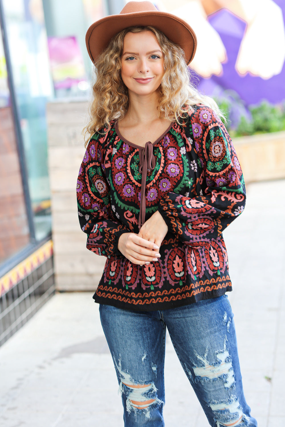 Take The Leap Black &amp; Mauve Border Print Boho Tie Tops | Nikki &amp; Co. Boutique