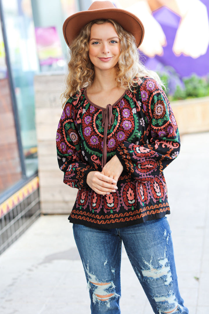 Take The Leap Black &amp; Mauve Border Print Boho Tie Tops | Nikki &amp; Co. Boutique