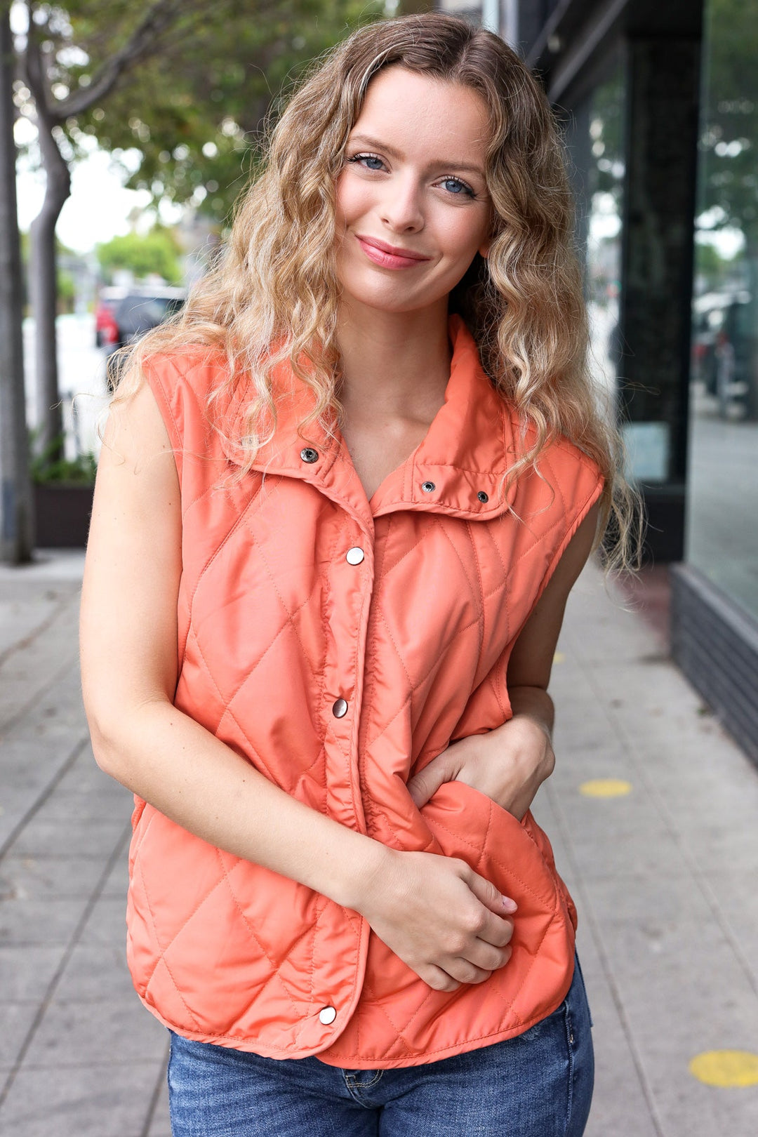 Weekend Ready Rust High Neck Snap Button Quilted Puffer Vest | Nikki &amp; Co. Boutique
