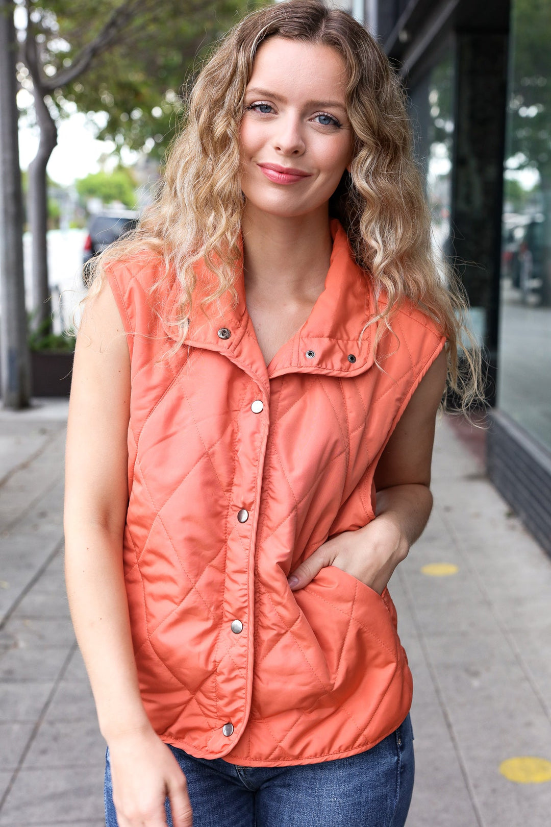 Weekend Ready Rust High Neck Snap Button Quilted Puffer Vest | Nikki &amp; Co. Boutique