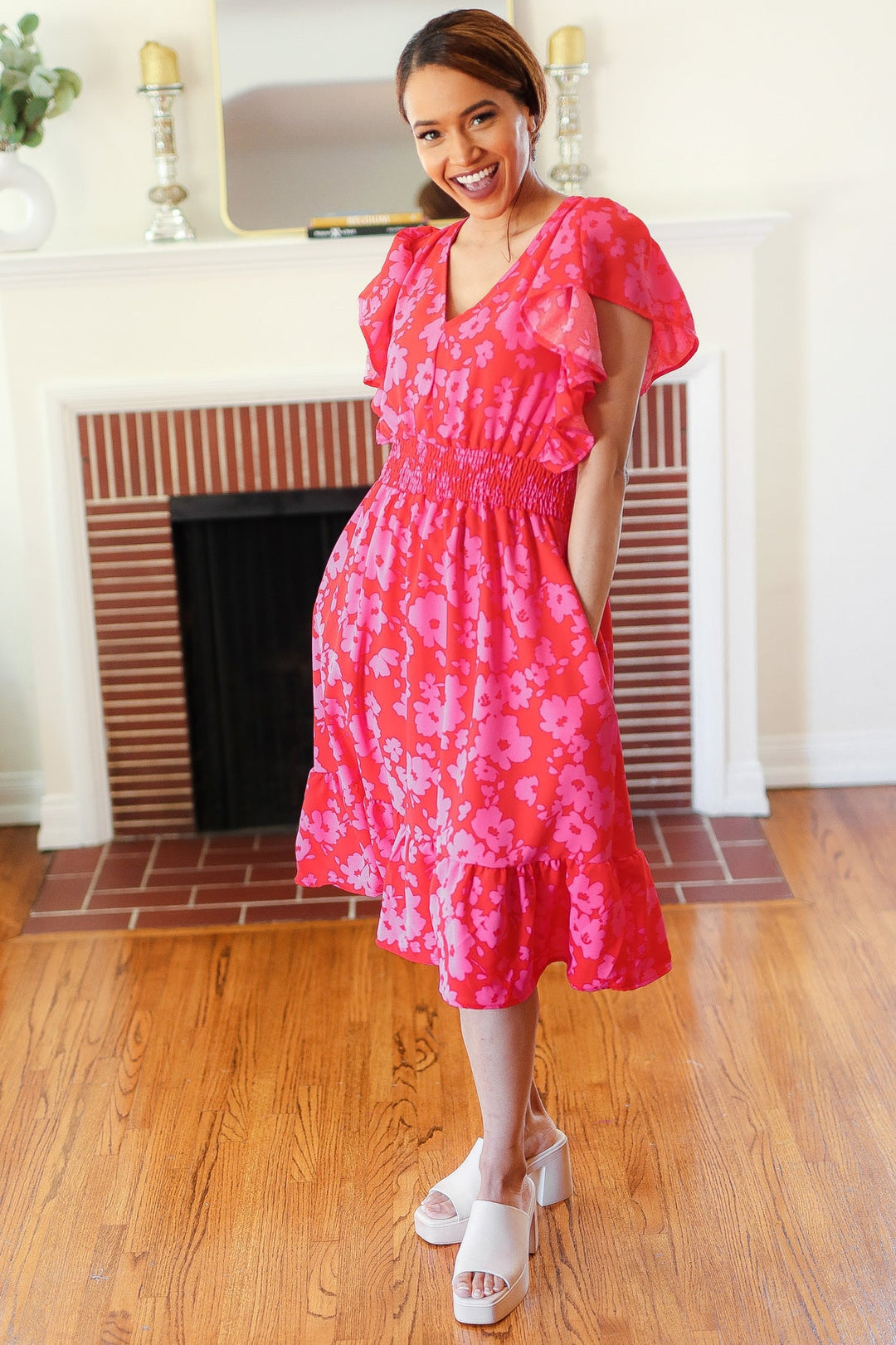 Remember Me Red &amp; Pink Floral Print Smocked Waist Midi Dress | Nikki &amp; Co. Boutique