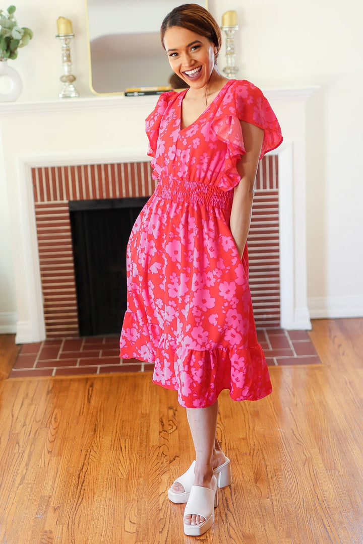 Remember Me Red &amp; Pink Floral Print Smocked Waist Midi Dress | Nikki &amp; Co. Boutique