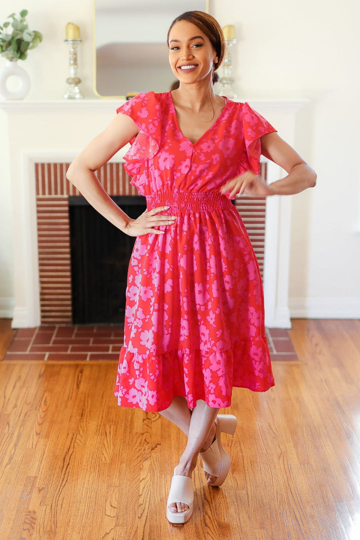 Remember Me Red &amp; Pink Floral Print Smocked Waist Midi Dress | Nikki &amp; Co. Boutique