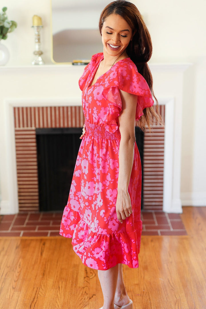 Remember Me Red &amp; Pink Floral Print Smocked Waist Midi Dress | Nikki &amp; Co. Boutique