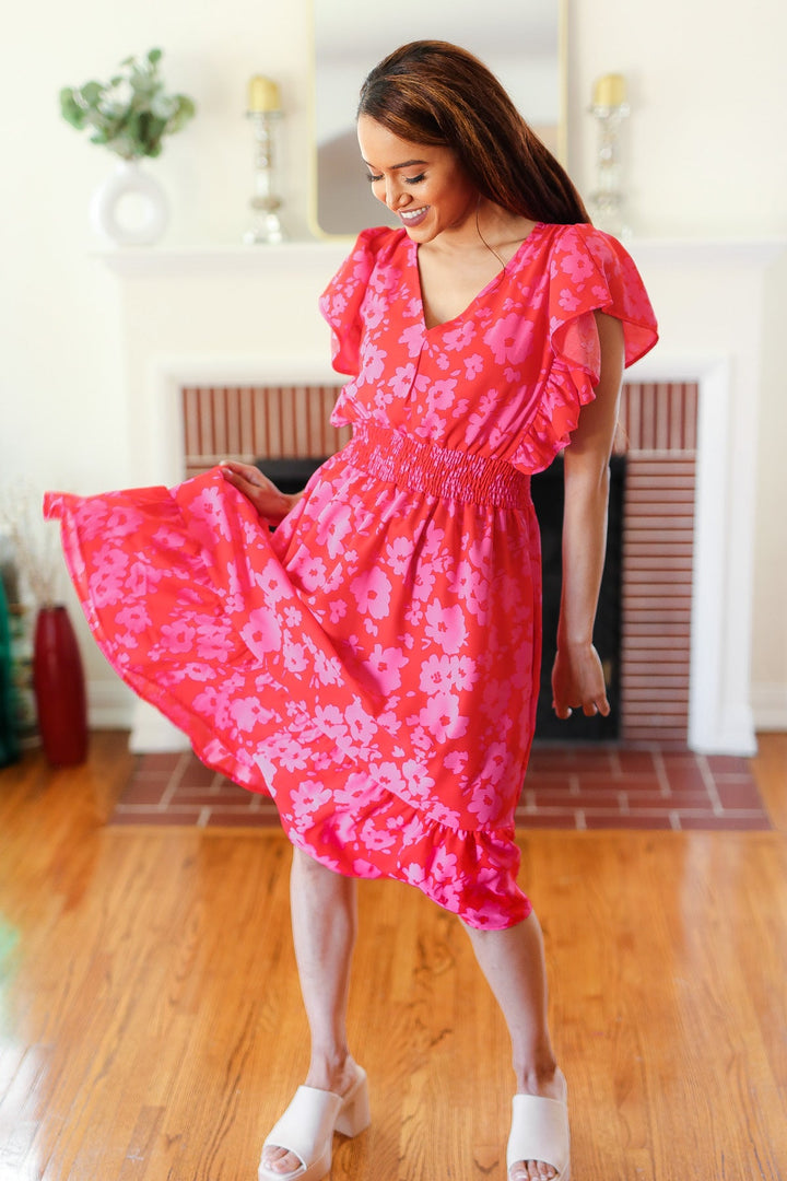 Remember Me Red &amp; Pink Floral Print Smocked Waist Midi Dress | Nikki &amp; Co. Boutique