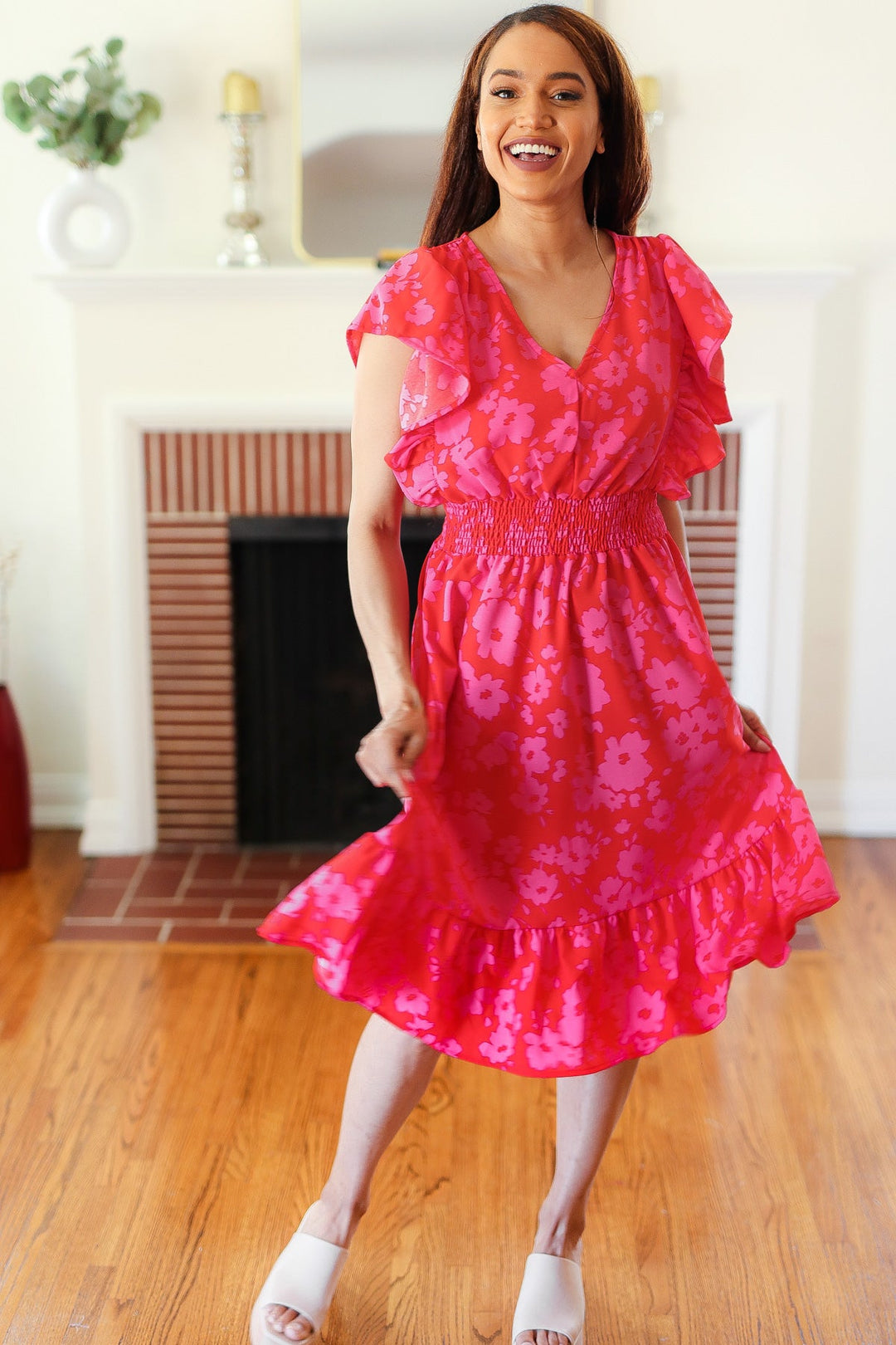 Remember Me Red &amp; Pink Floral Print Smocked Waist Midi Dress | Nikki &amp; Co. Boutique