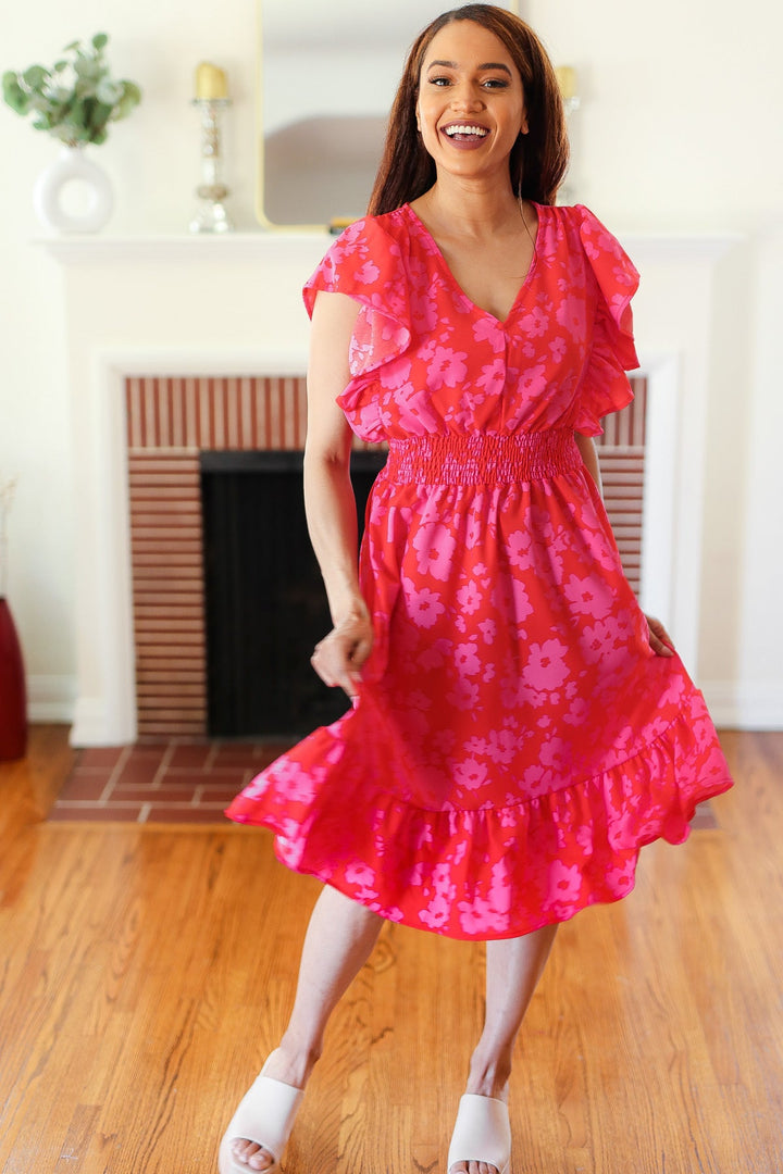Remember Me Red &amp; Pink Floral Print Smocked Waist Midi Dress | Nikki &amp; Co. Boutique