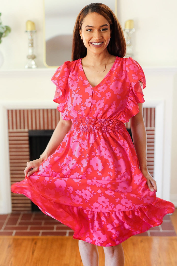 Remember Me Red &amp; Pink Floral Print Smocked Waist Midi Dress | Nikki &amp; Co. Boutique