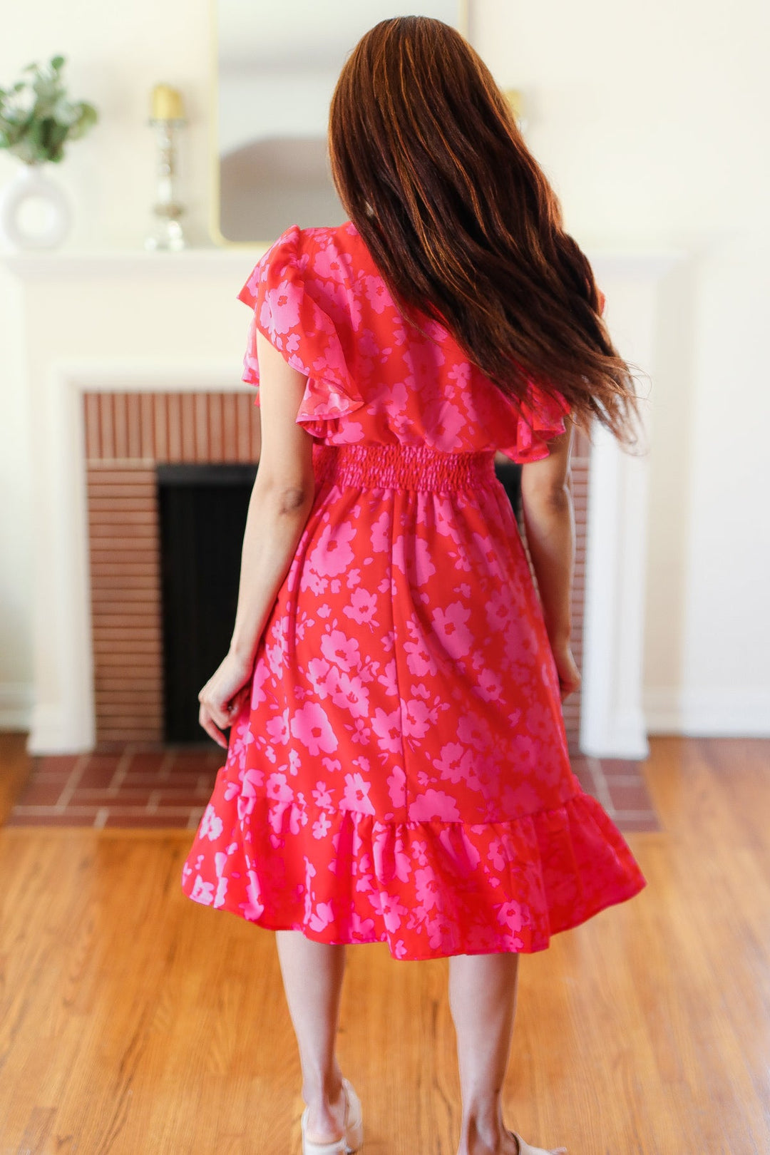 Remember Me Red &amp; Pink Floral Print Smocked Waist Midi Dress | Nikki &amp; Co. Boutique