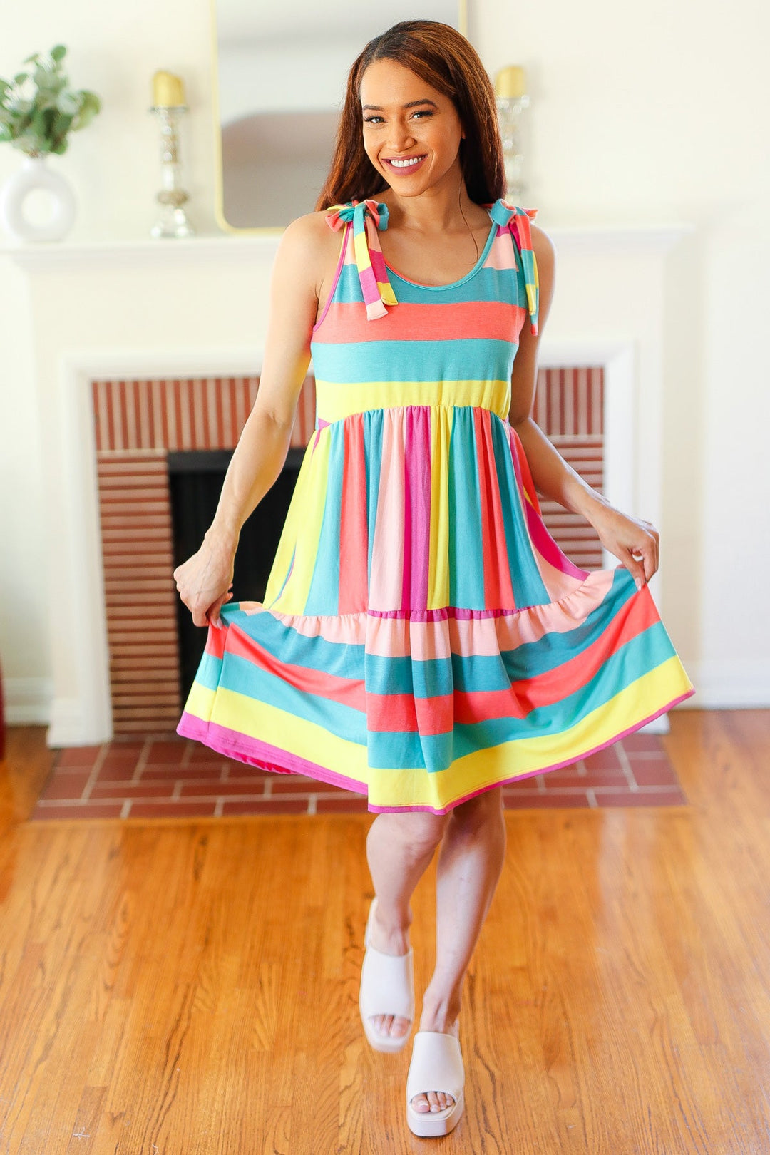 Start The Day Rainbow Stripe Shoulder Tie Tiered Dress | Nikki &amp; Co. Boutique