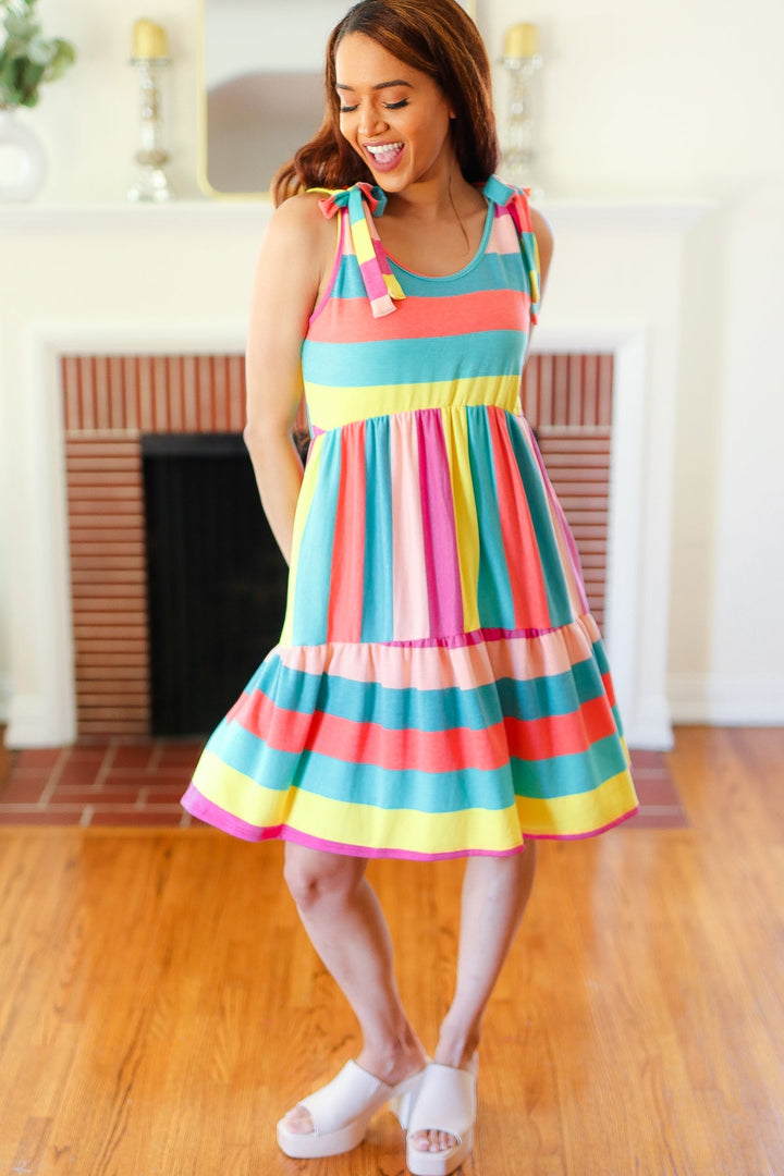 Start The Day Rainbow Stripe Shoulder Tie Tiered Dress | Nikki &amp; Co. Boutique