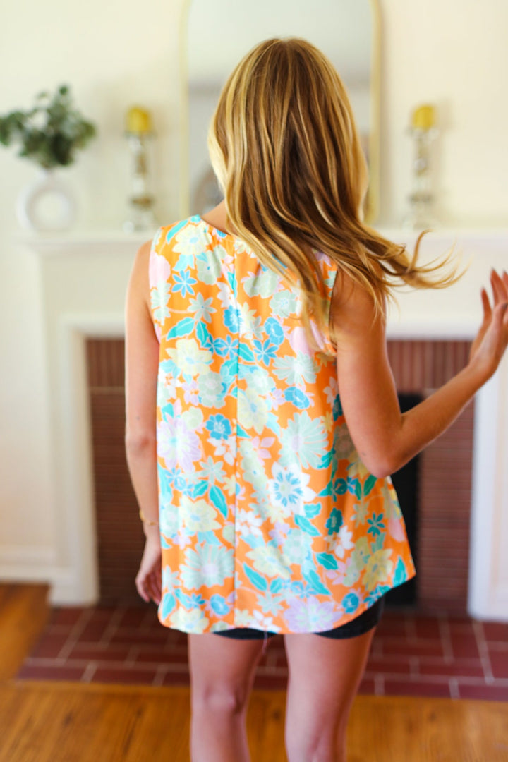Tangerine Floral Banded V Neck Sleeveless Top | Nikki &amp; Co. Boutique