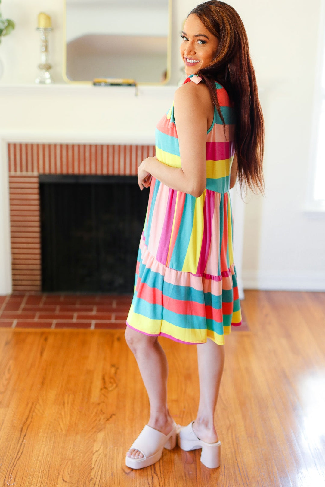 Start The Day Rainbow Stripe Shoulder Tie Tiered Dress | Nikki &amp; Co. Boutique