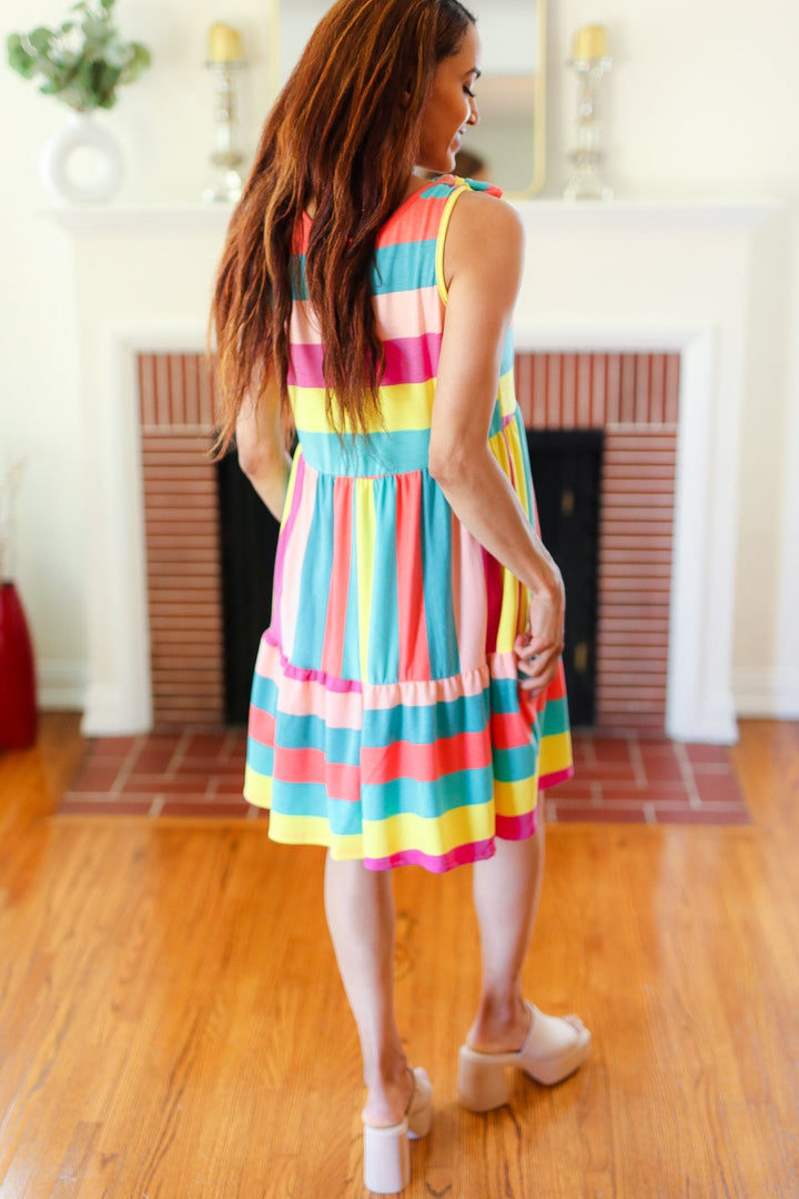 Start The Day Rainbow Stripe Shoulder Tie Tiered Dress | Nikki &amp; Co. Boutique