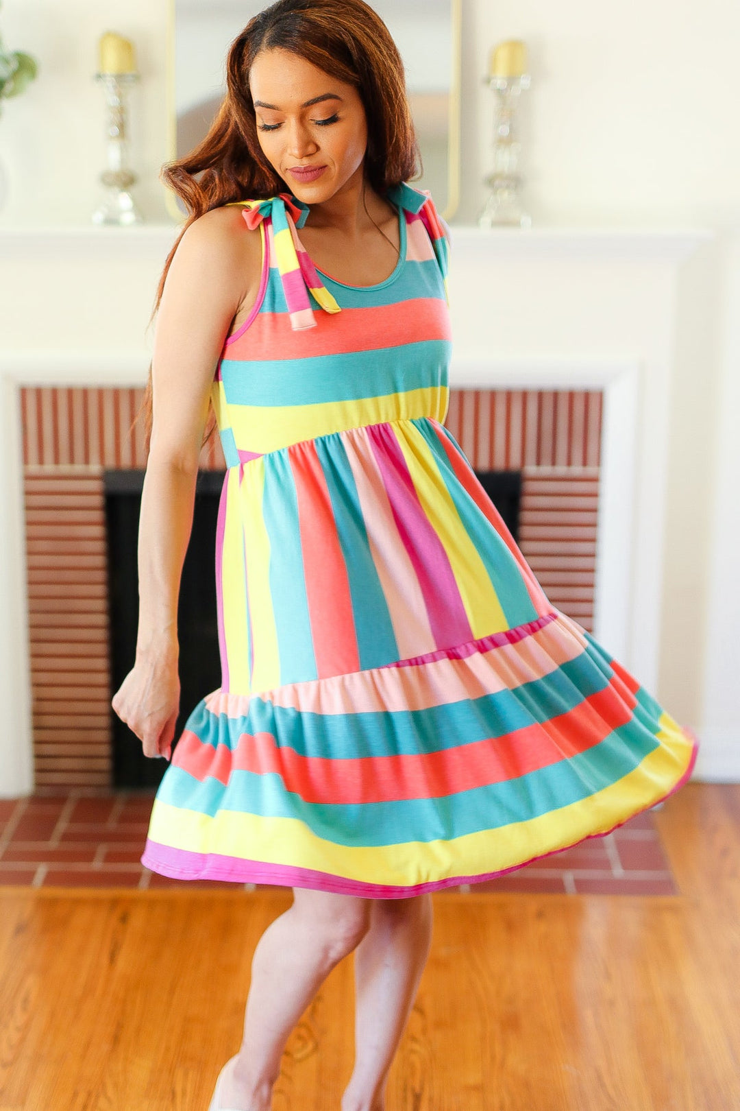 Start The Day Rainbow Stripe Shoulder Tie Tiered Dress | Nikki &amp; Co. Boutique