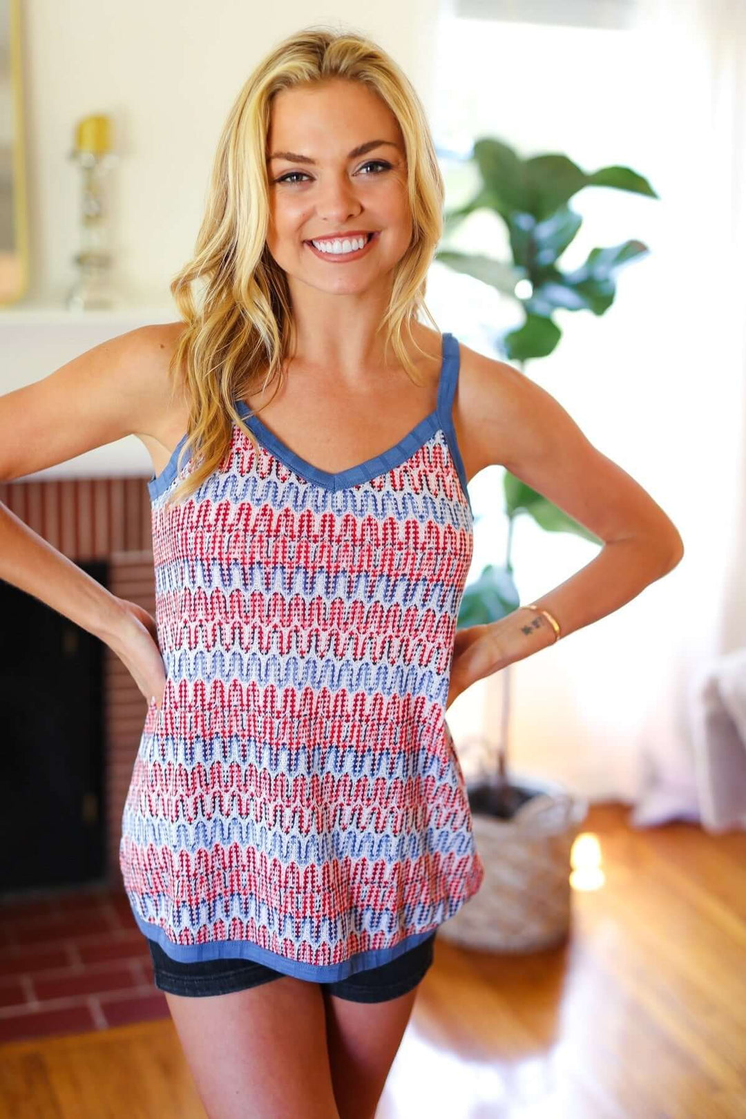 Red White &amp; Blue Squiggly Striped Sleeveless Top - Nikki &amp; Co. Boutique