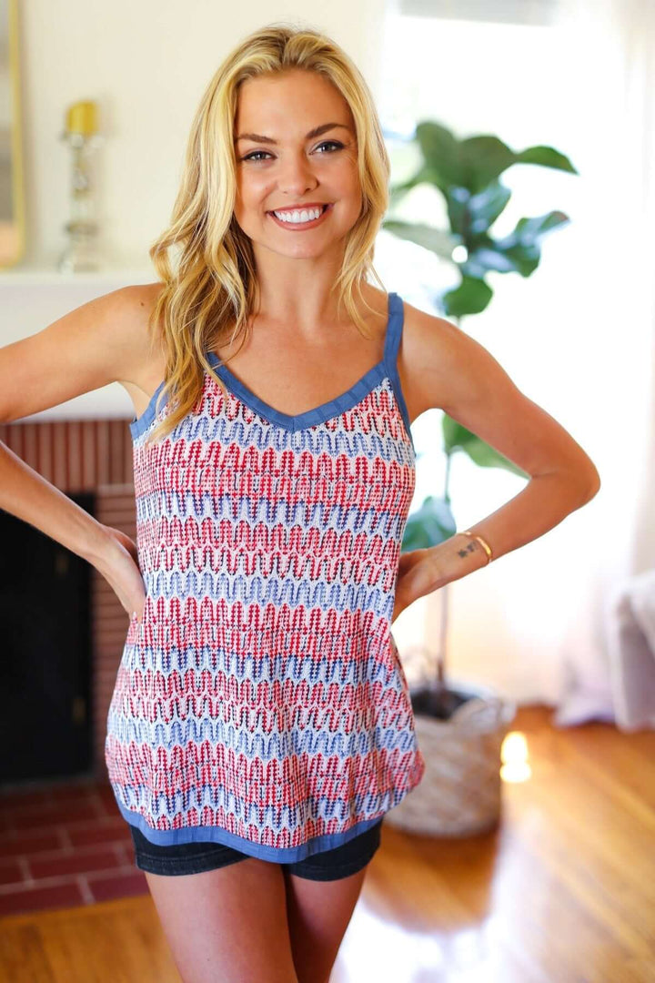 Red White &amp; Blue Squiggly Striped Sleeveless Top - Nikki &amp; Co. Boutique