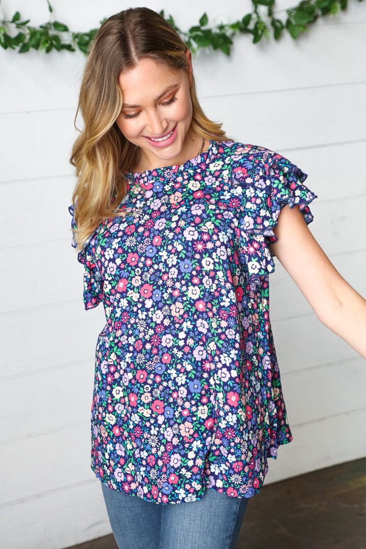 Navy Floral Mock Neck Flutter Sleeve Tops | Nikki &amp; Co. Boutique