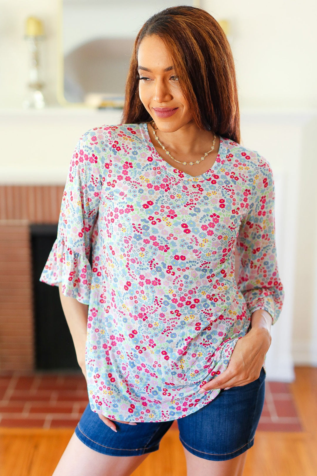 Feeling It Blue Floral Print Ruffle Three Quarter Sleeve Tops | Nikki &amp; Co. Boutique