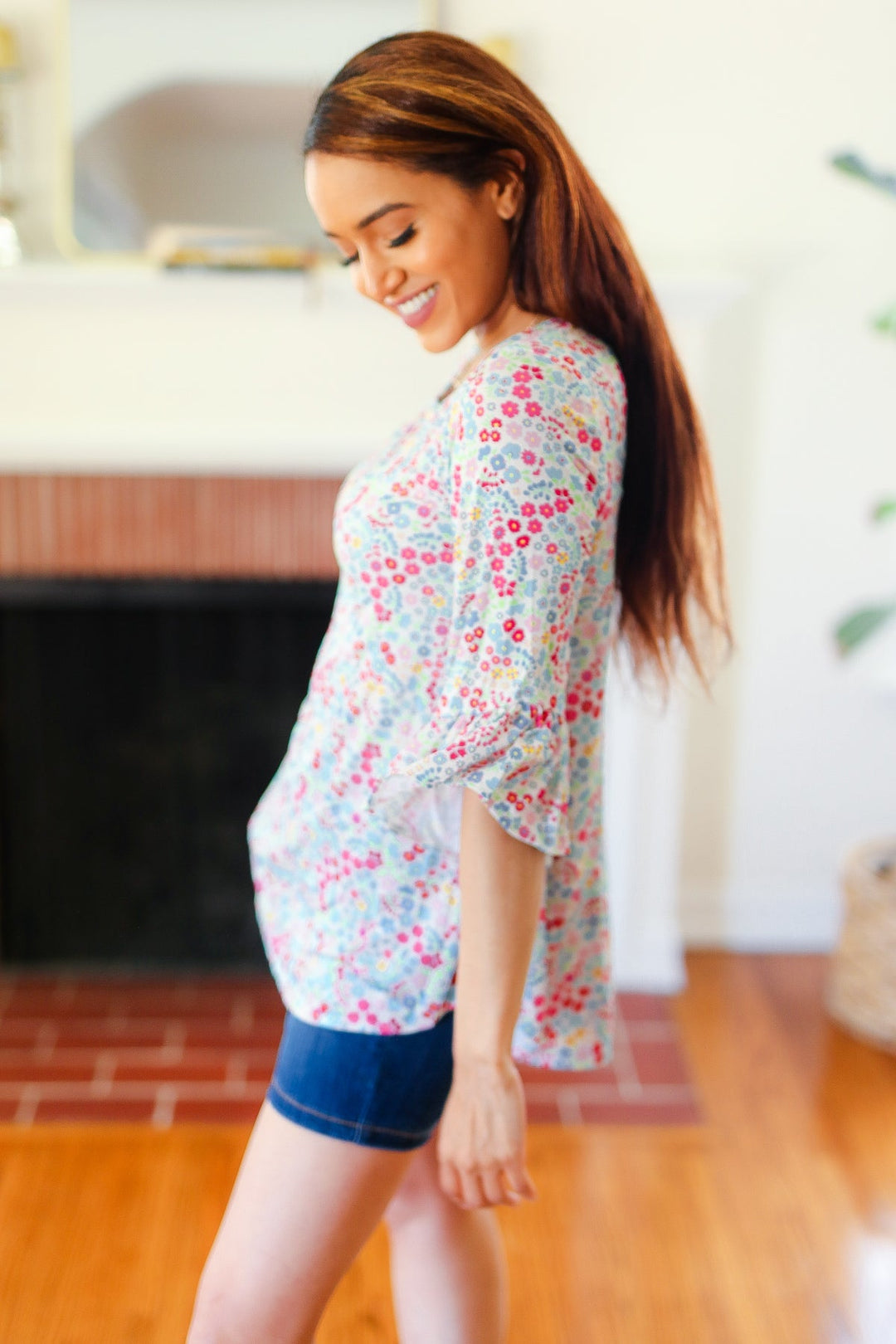 Feeling It Blue Floral Print Ruffle Three Quarter Sleeve Tops | Nikki &amp; Co. Boutique