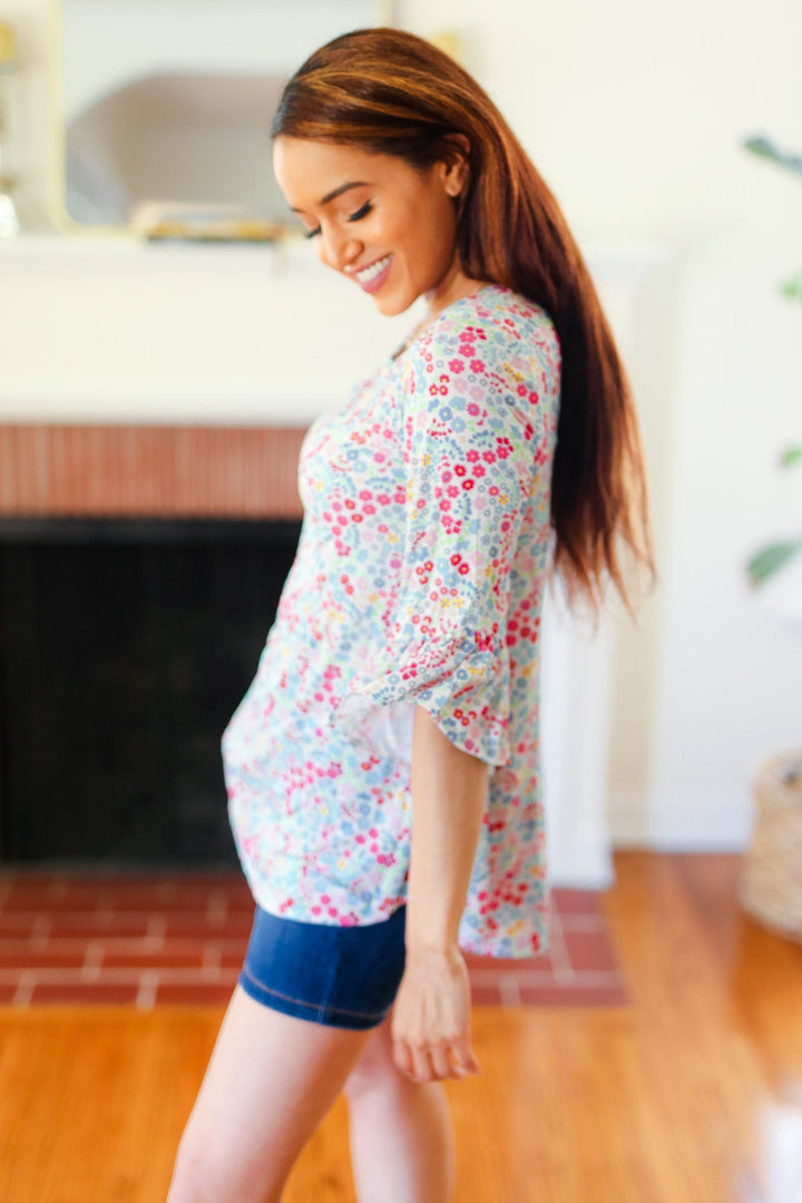 Feeling It Blue Floral Print Ruffle Three Quarter Sleeve Tops | Nikki &amp; Co. Boutique