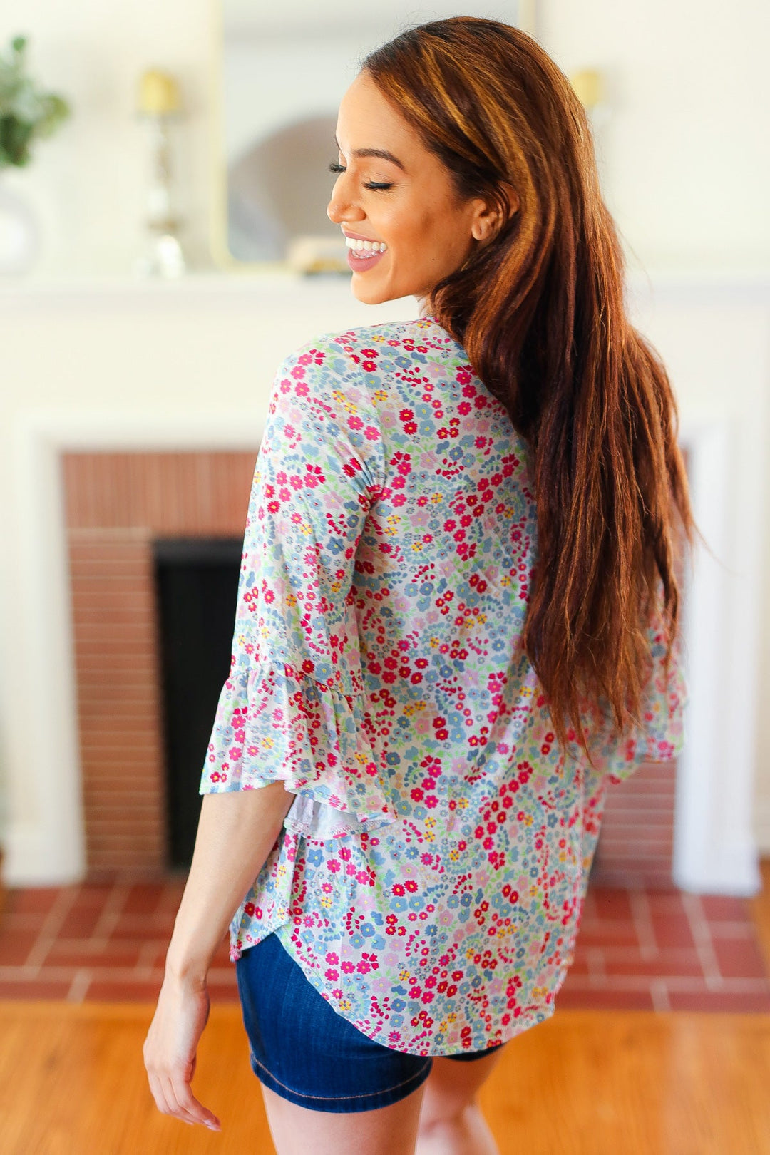 Feeling It Blue Floral Print Ruffle Three Quarter Sleeve Tops | Nikki &amp; Co. Boutique