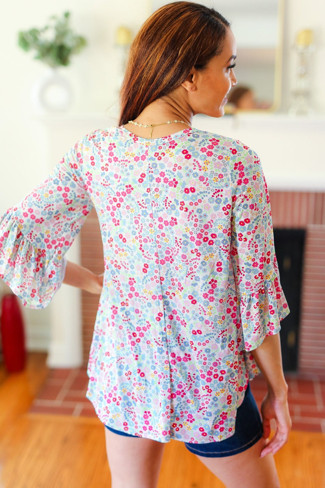 Feeling It Blue Floral Print Ruffle Three Quarter Sleeve Tops | Nikki &amp; Co. Boutique