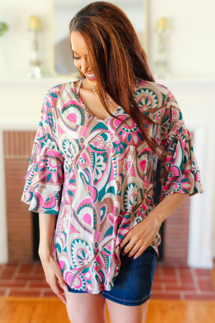 Eyes On You Teal Paisley Double Ruffle Sleeve Tops | Nikki &amp; Co. Boutique