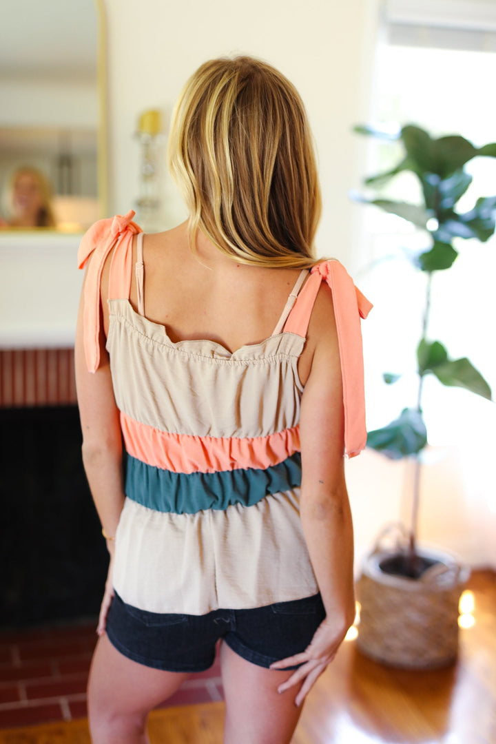 Peach Tie Knot Shoulder Detail Color Block Tops | Nikki &amp; Co. Boutique