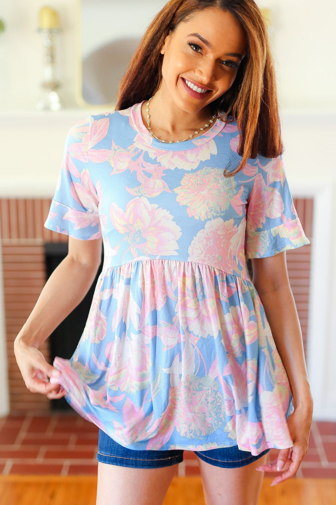 Seize The Day Blue &amp; Pink Babydoll Ruffle Sleeve Tops | Nikki &amp; Co. Boutique