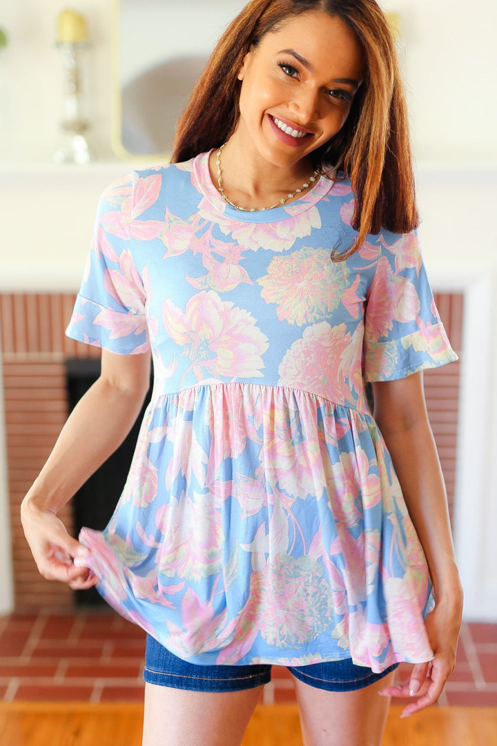Seize The Day Blue &amp; Pink Babydoll Ruffle Sleeve Tops | Nikki &amp; Co. Boutique