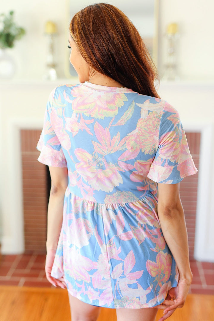 Seize The Day Blue &amp; Pink Babydoll Ruffle Sleeve Tops | Nikki &amp; Co. Boutique