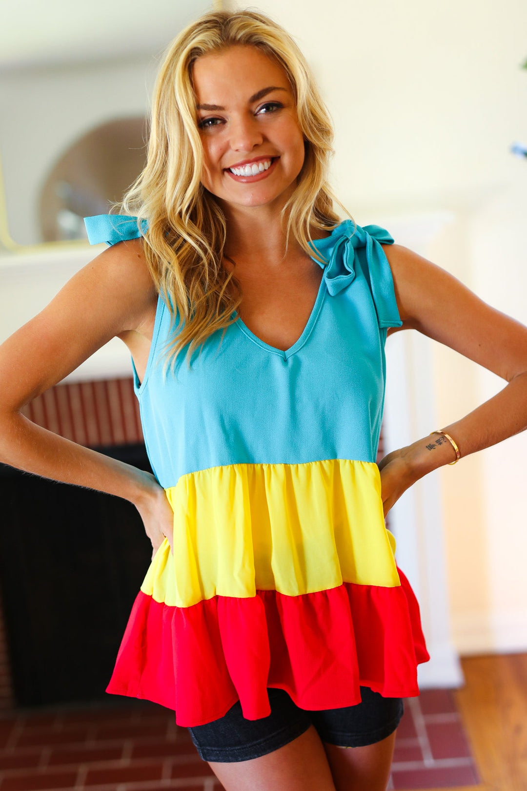Multicolor Tiered Shoulder Tie Bow Crepe Top | Nikki &amp; Co. Boutique