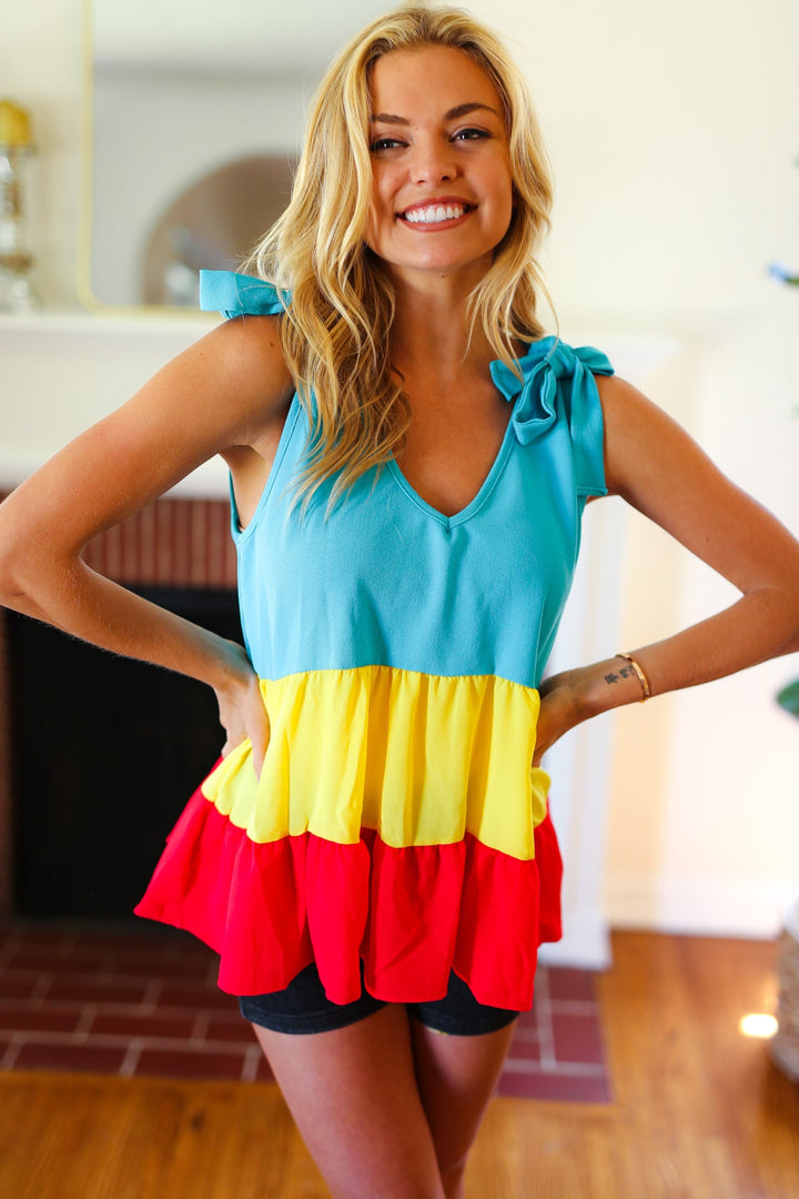 Multicolor Tiered Shoulder Tie Bow Crepe Top | Nikki &amp; Co. Boutique
