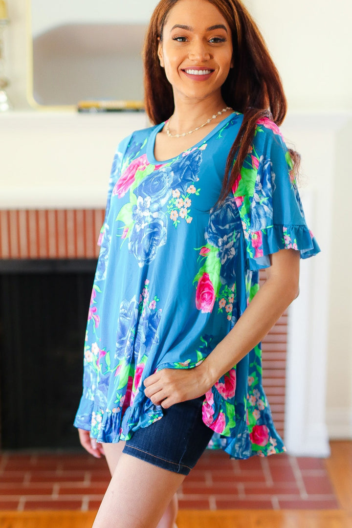 Feeling Playful Blue Floral Ruffle Sleeve &amp; Hem Tunic Top | Nikki &amp; Co. Boutique