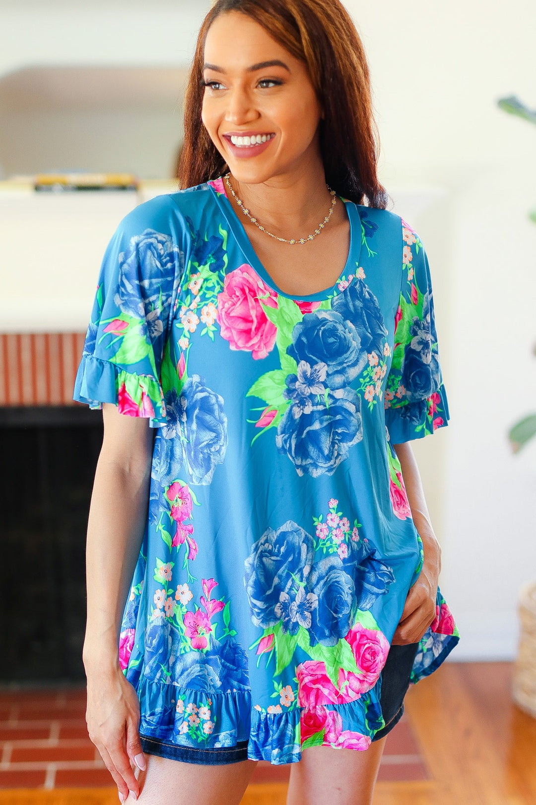 Feeling Playful Blue Floral Ruffle Sleeve &amp; Hem Tunic Top | Nikki &amp; Co. Boutique