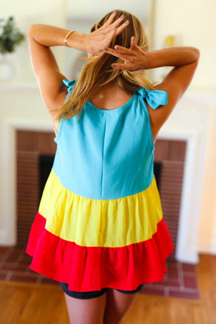 Multicolor Tiered Shoulder Tie Bow Crepe Top | Nikki &amp; Co. Boutique