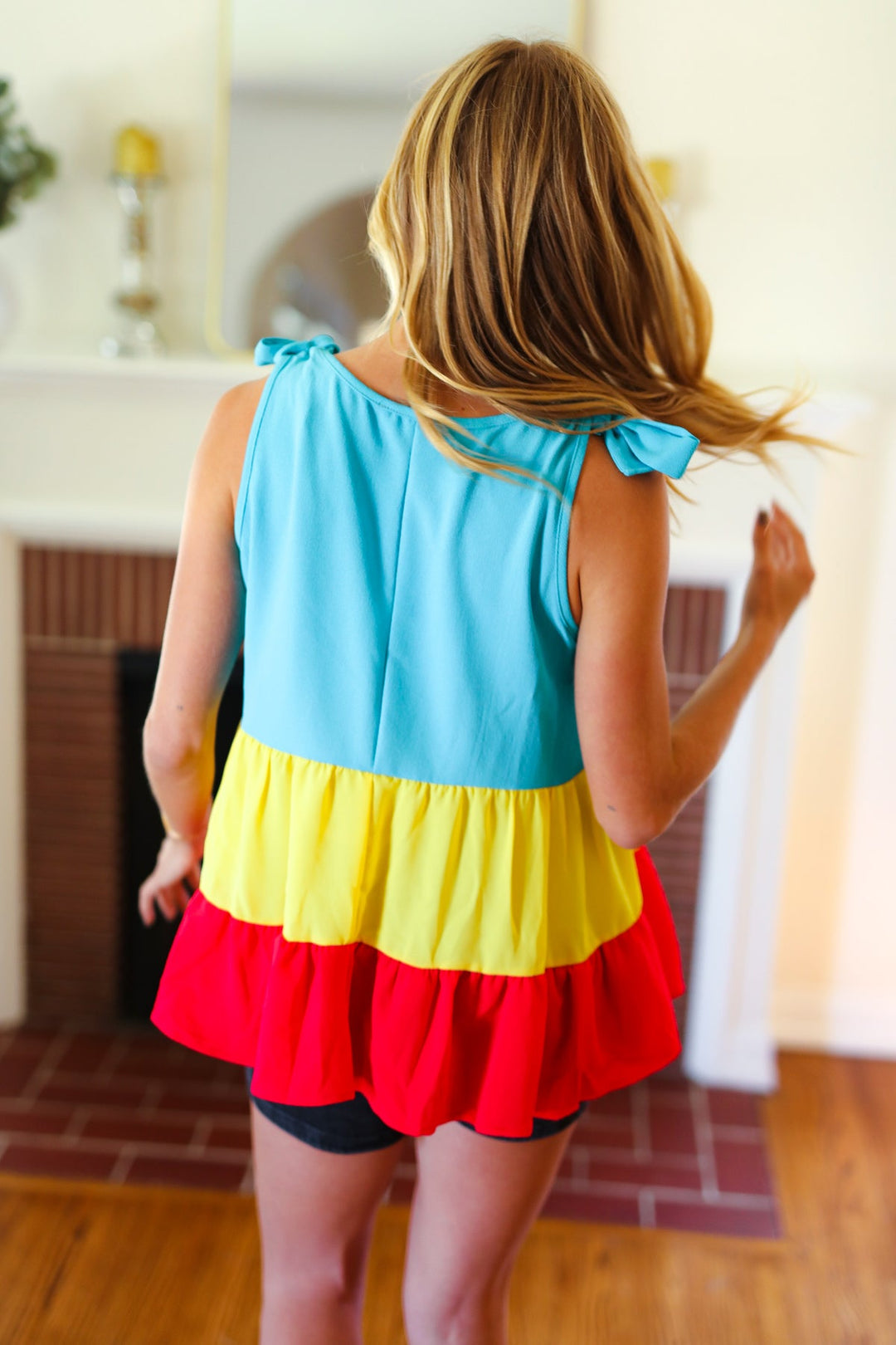 Multicolor Tiered Shoulder Tie Bow Crepe Top | Nikki &amp; Co. Boutique