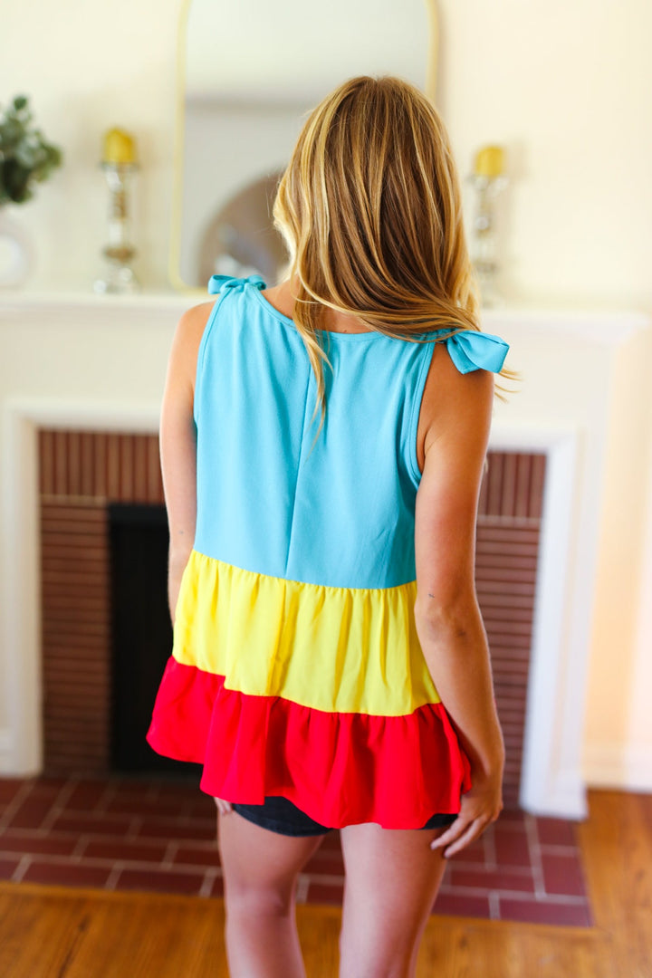 Multicolor Tiered Shoulder Tie Bow Crepe Top | Nikki &amp; Co. Boutique