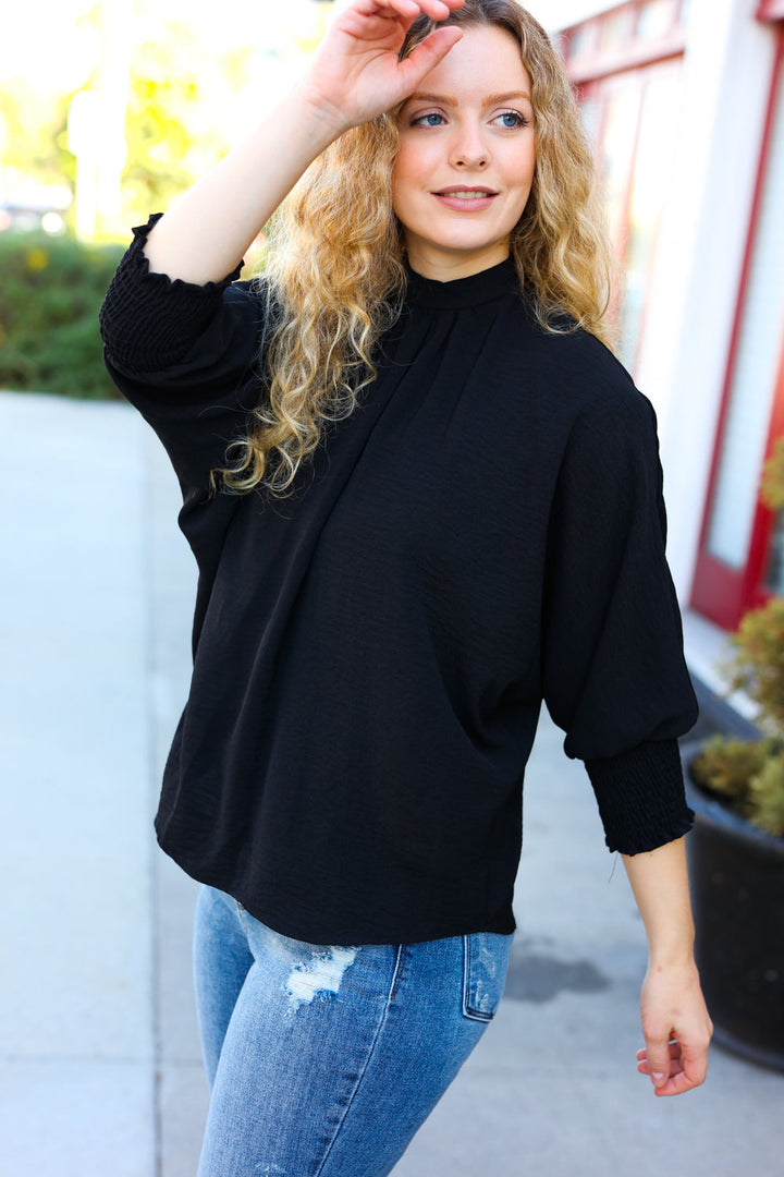 Black Smocked Three Quarter Sleeve Tie Back Tops | Nikki &amp; Co. Boutique