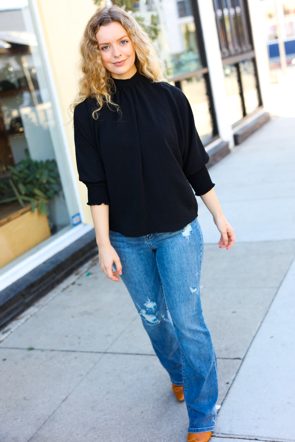 Black Smocked Three Quarter Sleeve Tie Back Tops | Nikki &amp; Co. Boutique
