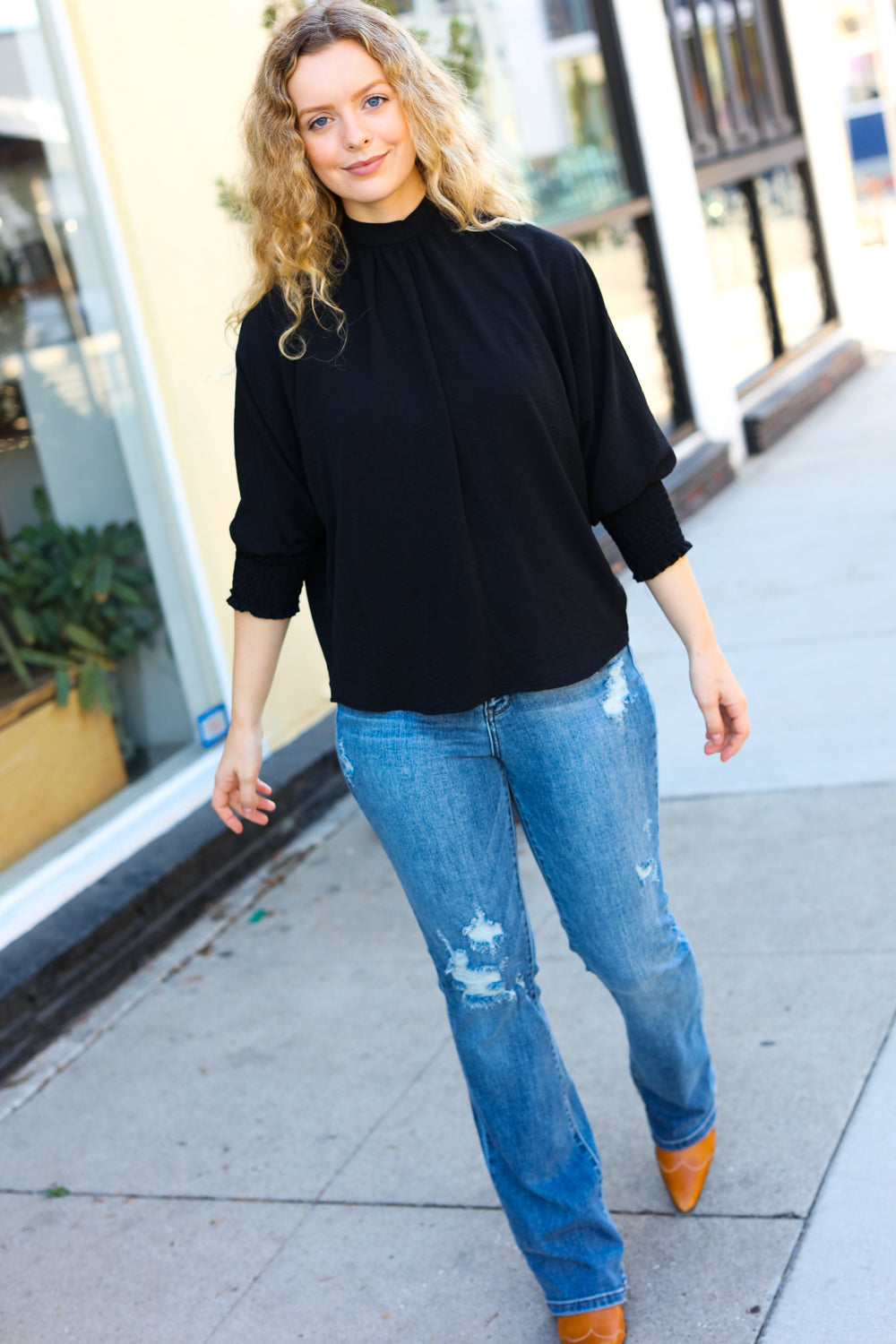 Black Smocked Three Quarter Sleeve Tie Back Tops | Nikki &amp; Co. Boutique