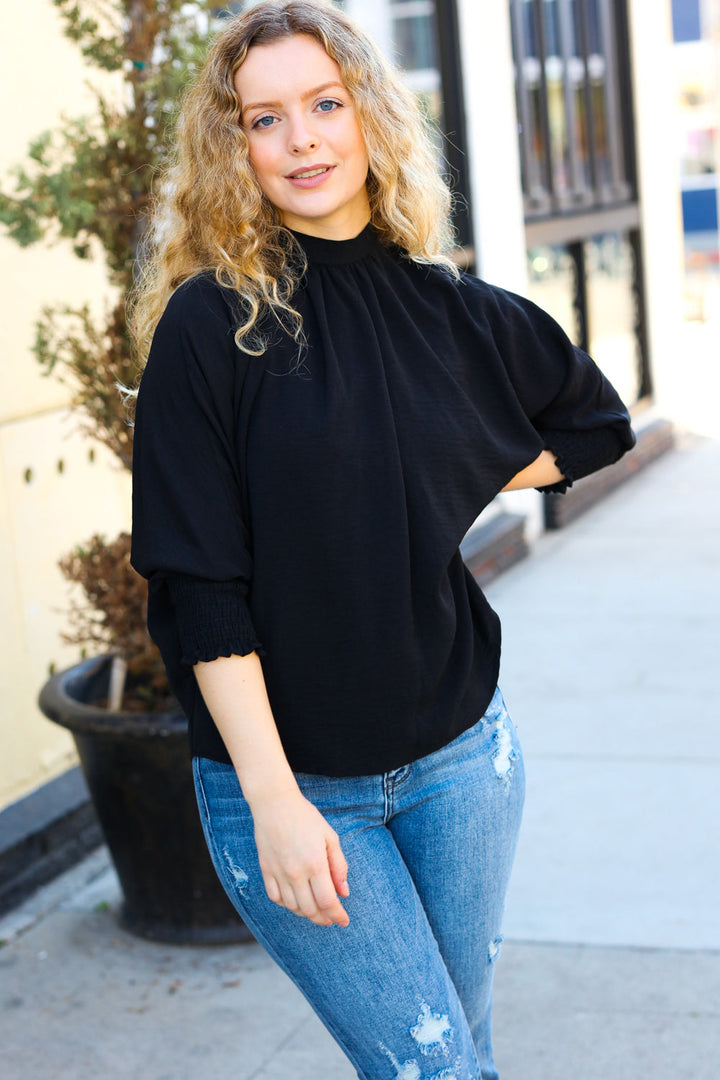 Black Smocked Three Quarter Sleeve Tie Back Tops | Nikki &amp; Co. Boutique