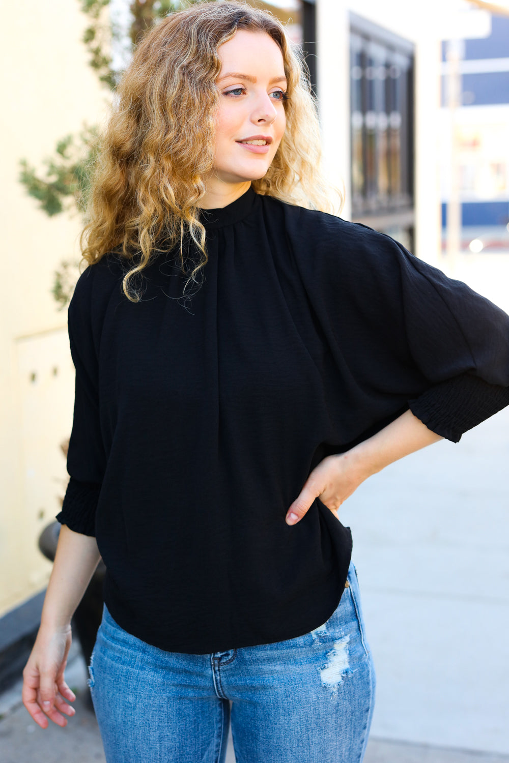 Black Smocked Three Quarter Sleeve Tie Back Tops | Nikki &amp; Co. Boutique